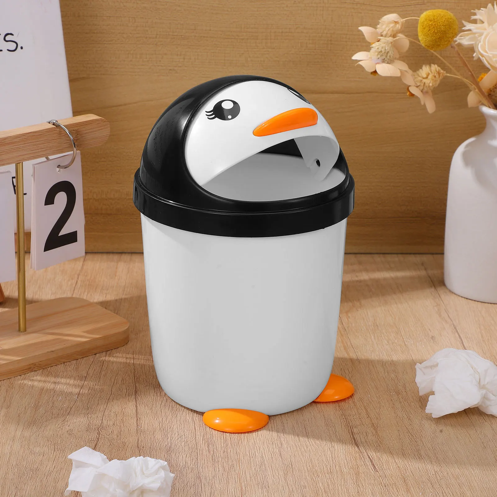 

Penguin Trash Can Plastic Swing Lid Mini Waste Bin For Room Bedroom Bathroom Office Car Countertop Garbage Organizer