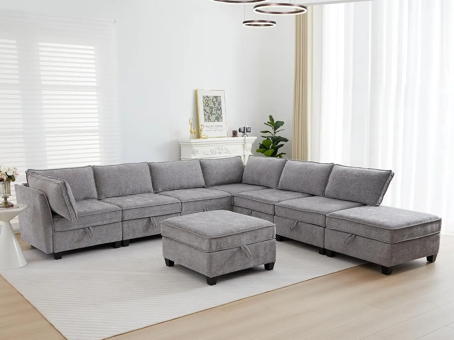 Modular Sectional Sofa, L Shaped Couch with Storage Ottomans & Reversible Chaise, 8 Seater , Grey, Customized