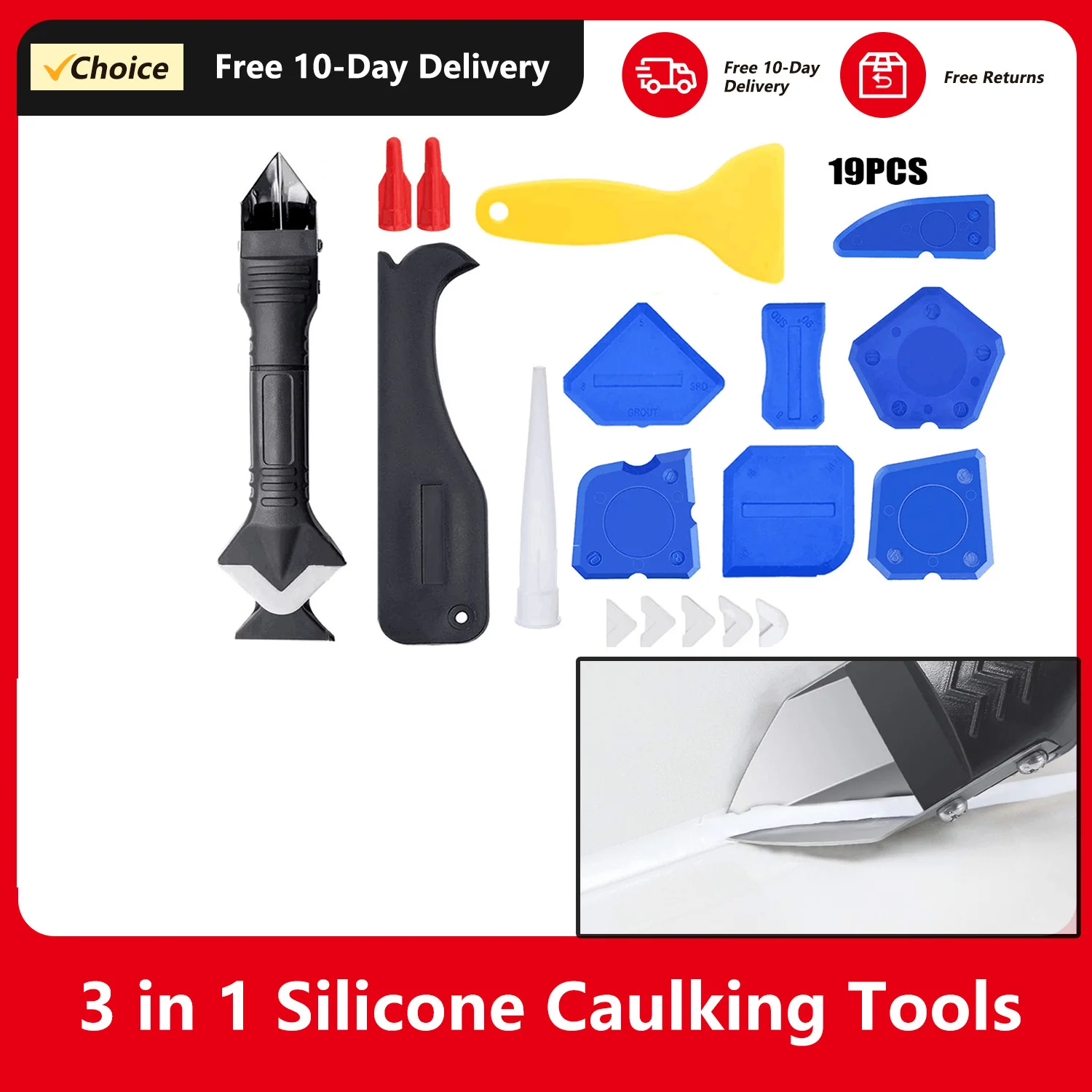 

3 in 1 Silicone Caulking Tools Sealant Finishing Tool Grout Scraper Sink Joint Great Tools for Kitchen Bathroom Window Floor