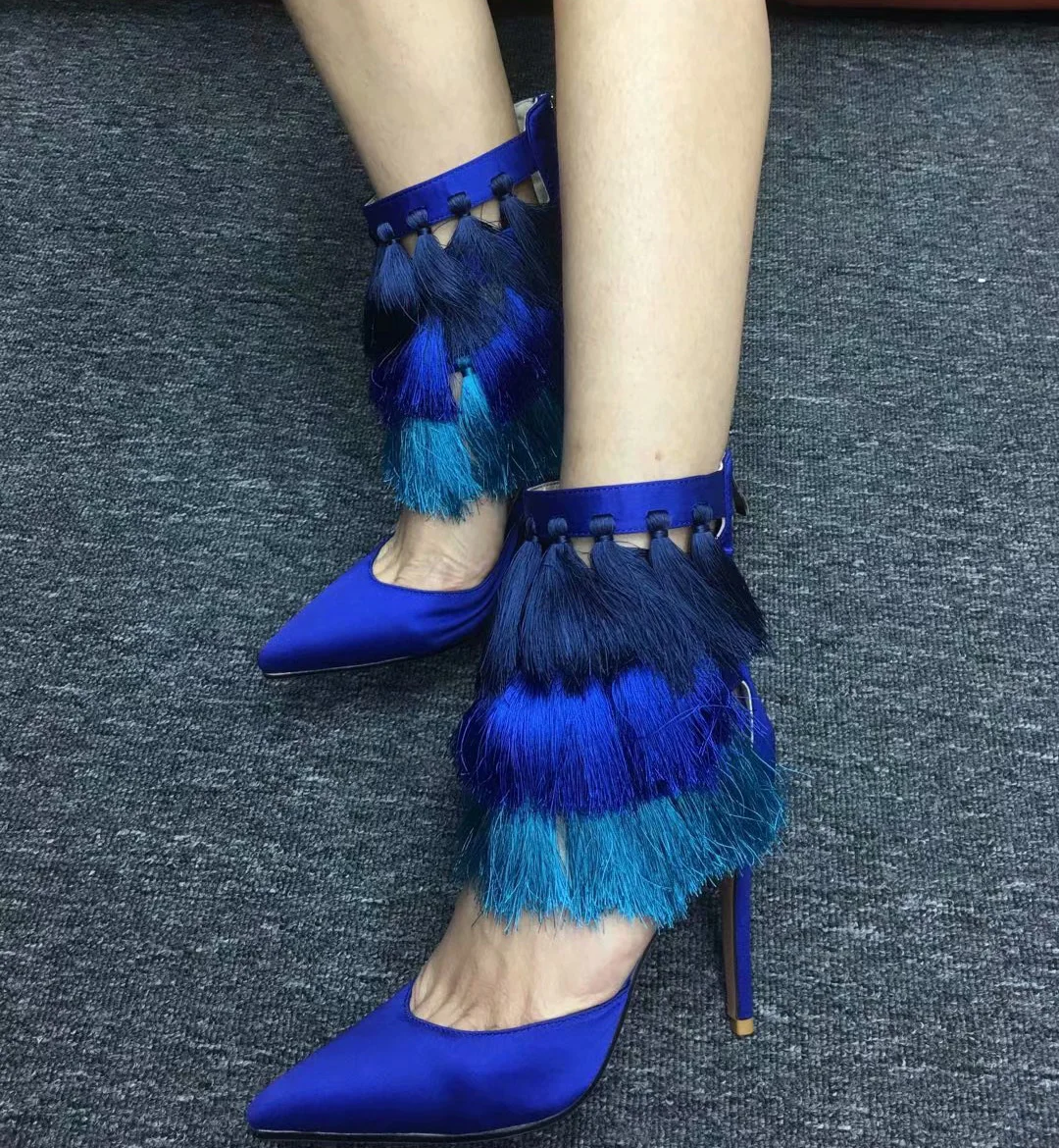 

Royal Blue Silk Mixed Colors Thin Tassel covered Ankle Boots Mujer High Heels Pointed Toe Sandals Boots Cutout Fringed Booties