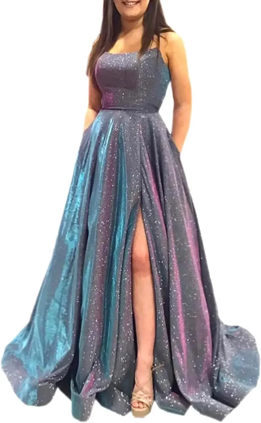 

Long A Line with Pockets Formal Evening Ball Gowns Side Slit Glitter Party Dress Formal Dress Women Elegant Prom Dresses