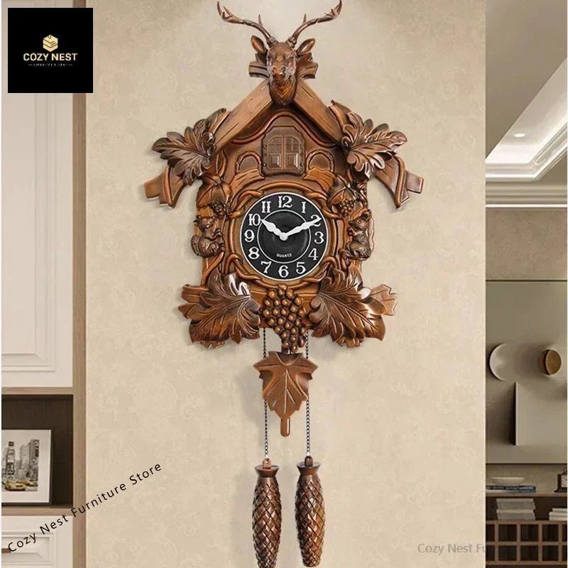 Retro Deer Head Cuckoo Wall Clock Living Room Study Fashion Decoration Home Clock Cuckoo Hourly Time Cuckoo Clock reloj de pared