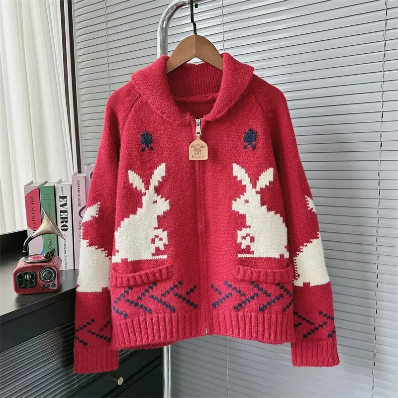 Neploe Advanced Turn-down Collar Long Sleeve Print Cardigan Korea Minority Rabbit Knit Sweaters Jacquard Lazy Loose Warm Jumper