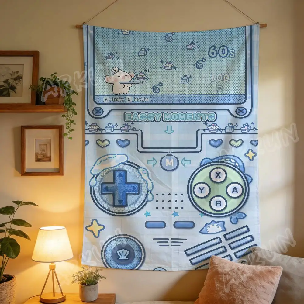 Cute Blue Game Controller Tapestry Kawaii Cartoon Handheld Game Console Soft Pastel Aesthetic Dorm Bedroom Gaming Room Decor