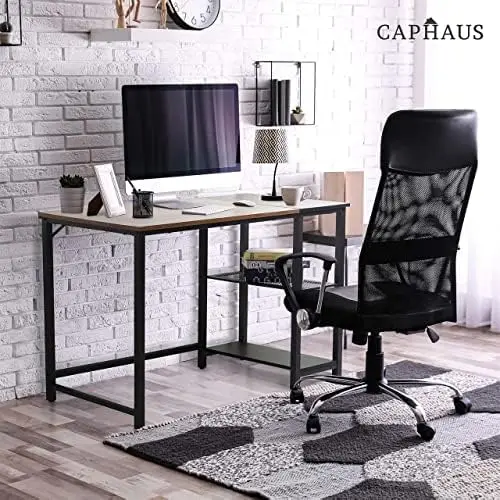 

Computer Desk, 47 Inch Home Office Desk, Study Writing Desk with 2-Tier Shelves, Simple Industrial Modern Laptop Workstation wi