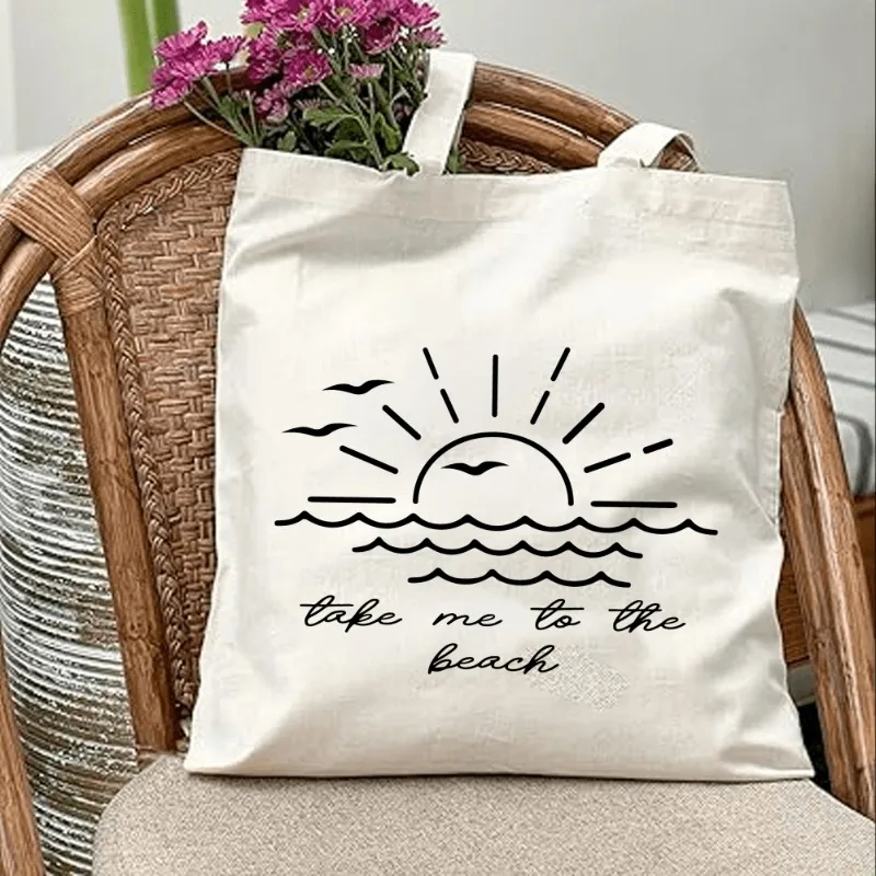 Take Me To The Beach Sunset Ocean Line Art Canvas Tote Bag Women Summer Reusable Shopping Shoulder Casual Handbag