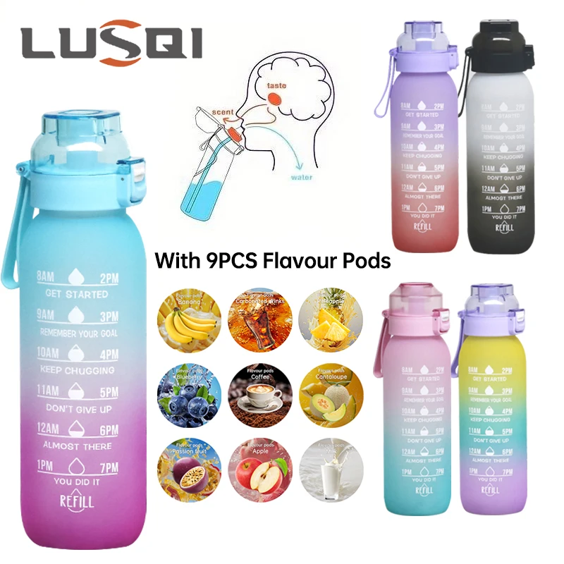 

LUSQI 1PC 1000ML Flavor Water Bottle With Straw With 9PCS Flavor Pods Fashion Fitness Water Bottle For Outdoor Activities Sports