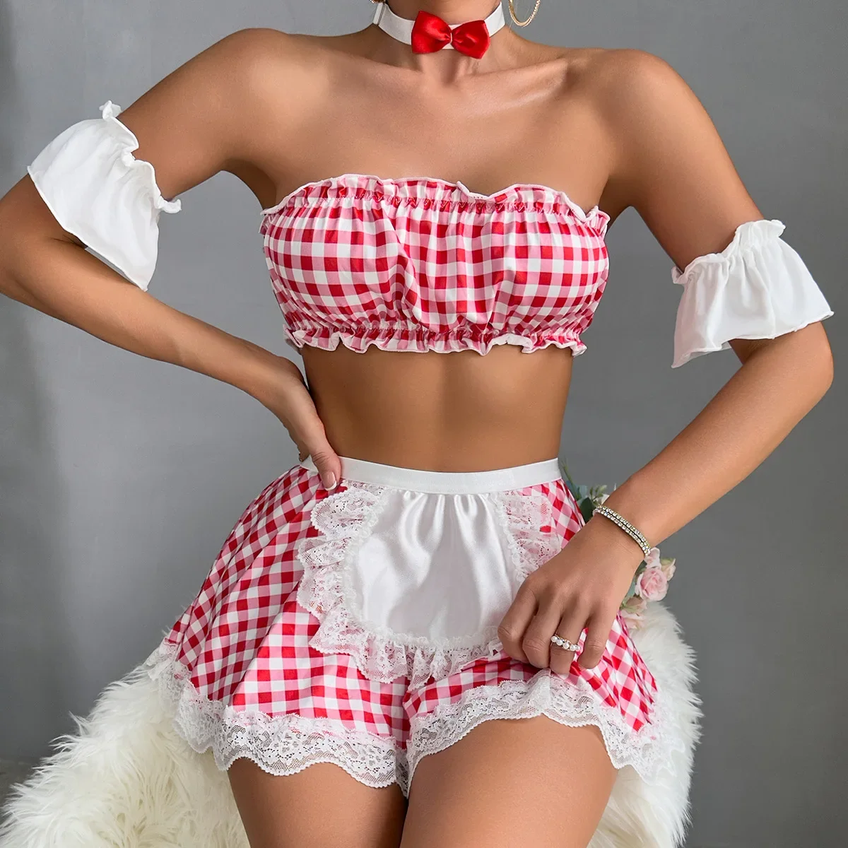 6 Pieces Women Lingerie Cosplay Lenceria Plaid Red Fetish Underwear Set for Role Play Costume Cute Teddy Thong Briefs Bra Sex