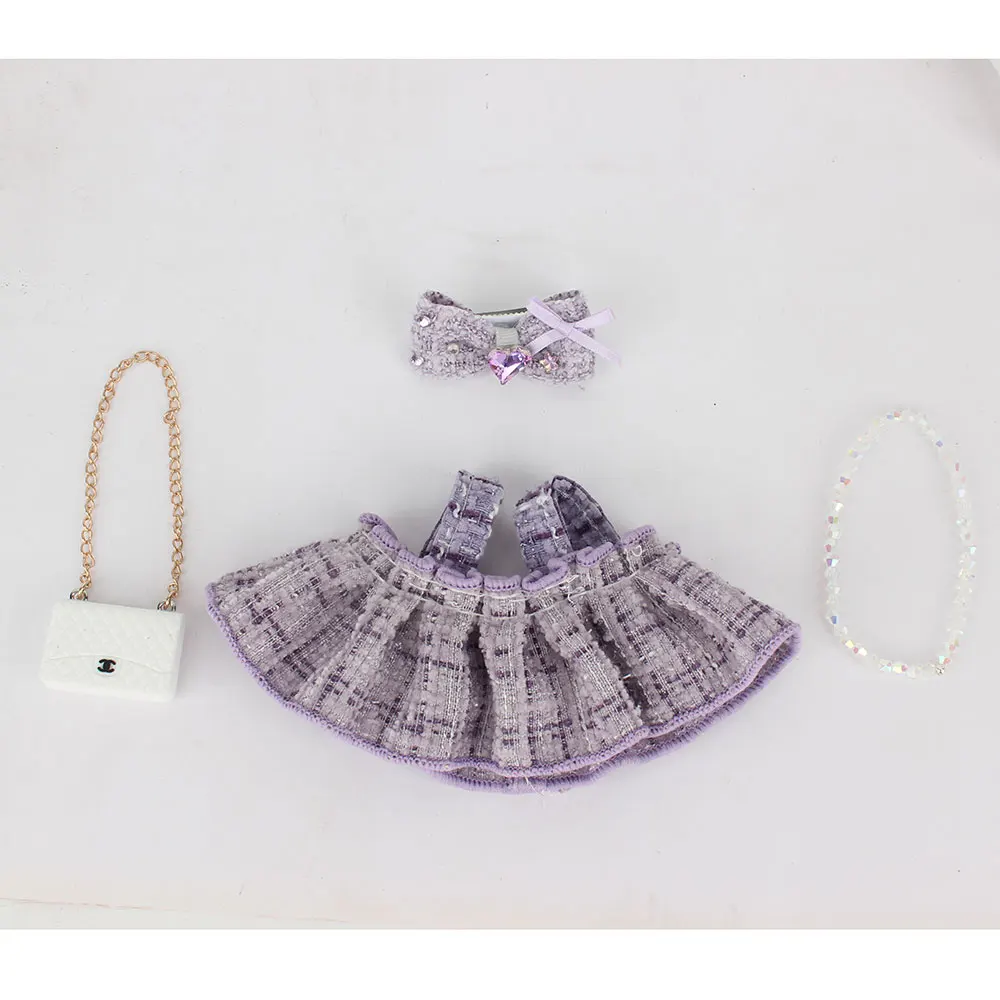 For Labubu Purple small fragrant dress with hairpin, pearl necklace, and white bag  Doll Costumes  17cm Clothing Shoes Doll DIY