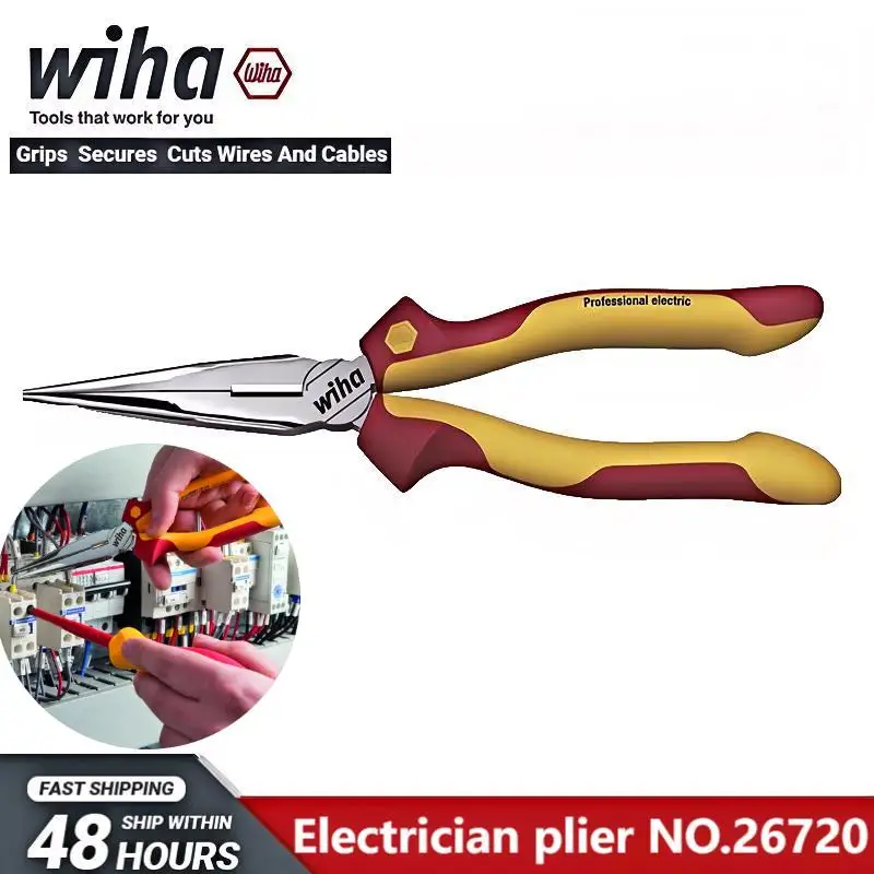 Wiha NO.26720 Needle Nose Pliers 1000V VDE-tested with Cutting Edge Insualted Electrician Plier Professional Electrical Tools