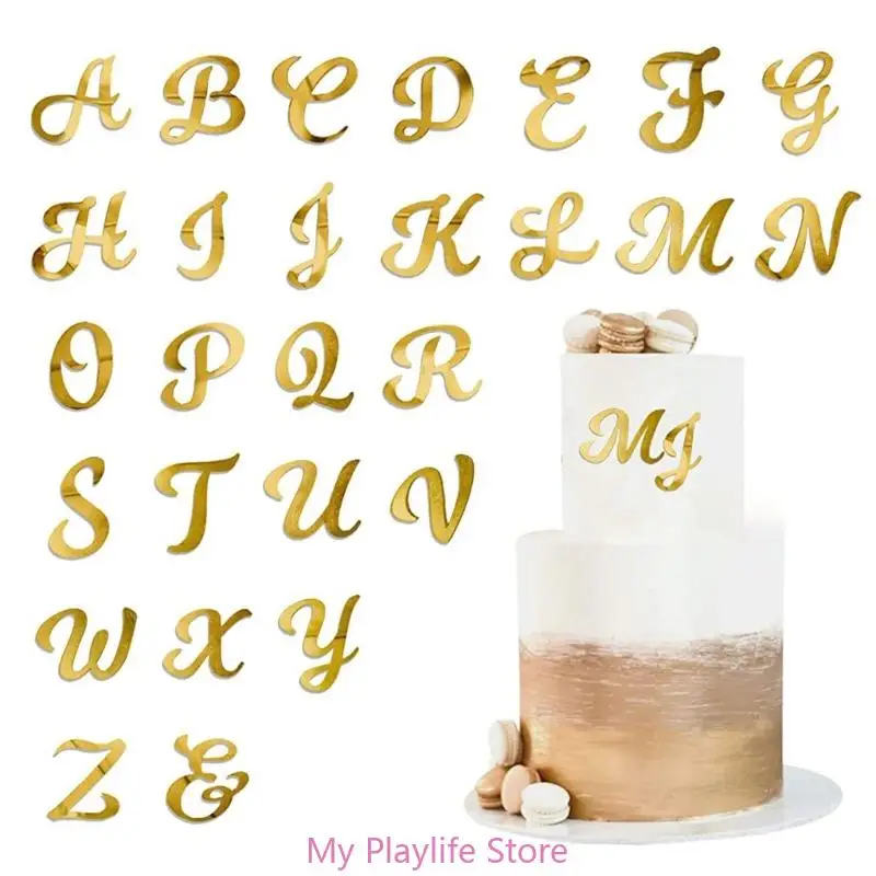 26Pcs Gold Acrylic Alphabets Cake Toppers, Mirrored Gold Letter Picks for Name Cake Decorations