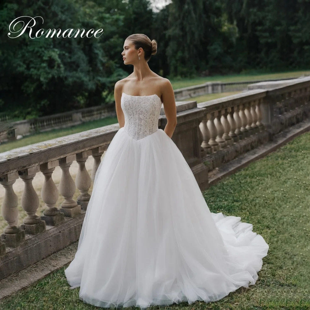 Apliques modernos sem alças a linha vestidos de casamento feminino 2025 renda aberta volta sem mangas plissado tule vestidos de novia personalizado