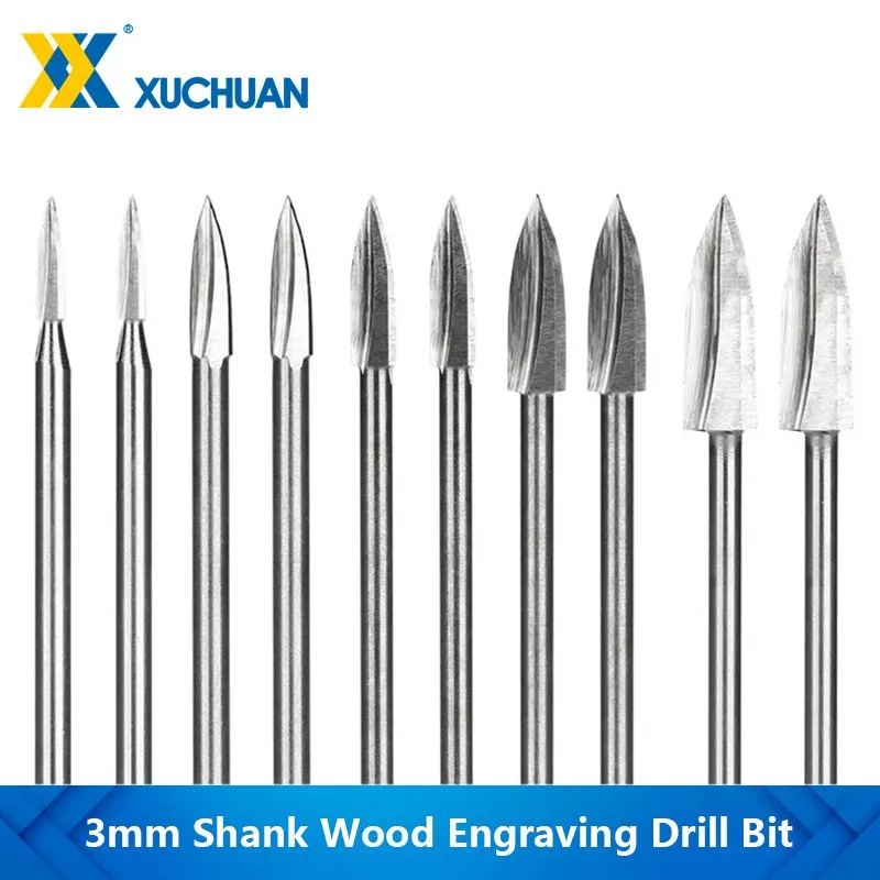 Wood Engraving Bit 10pcs Drilling Carving Engraving Bit 3mm Shank 3-8mm Carbide Grinding Burr for Woodworking Tool 