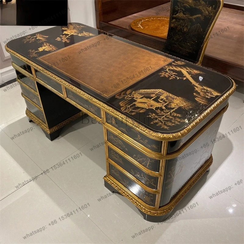 Hand-painted desk villa classical peach blossom core solid wood writing desk retro boss table president computer desk