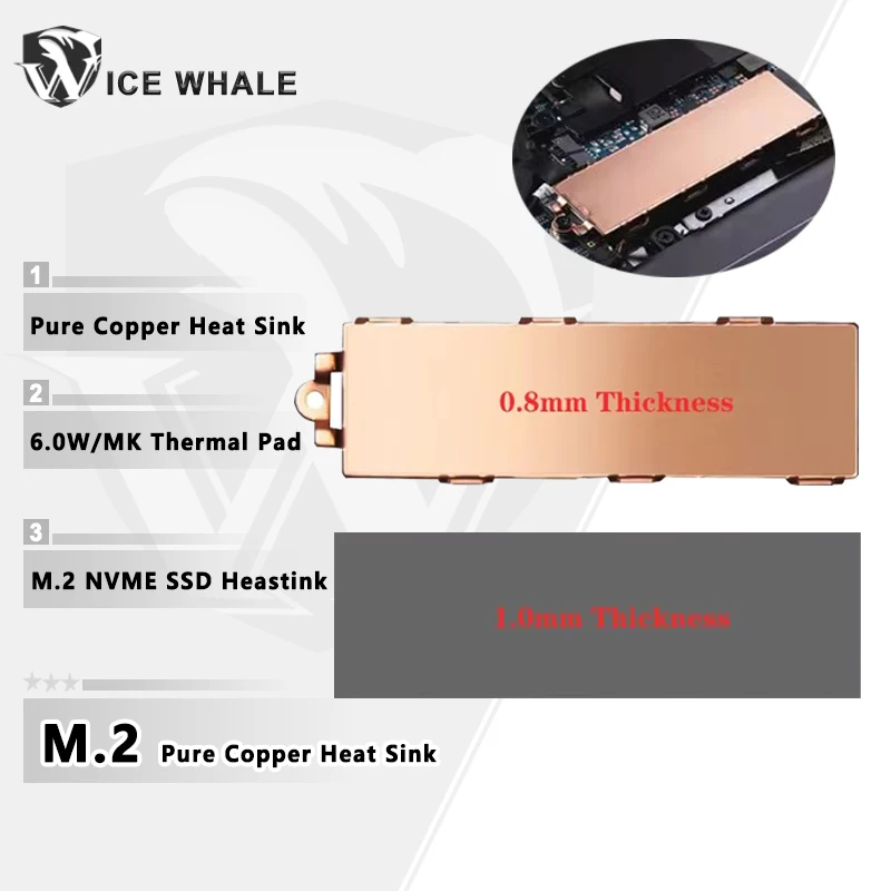 ICE Whale M.2 NVME SSD Heastink Pure Copper Heat Sink Cooler For M.2 2280 SSD Laptop Desktop SSD Cooler With 6.0W/MK Thermal Pad
