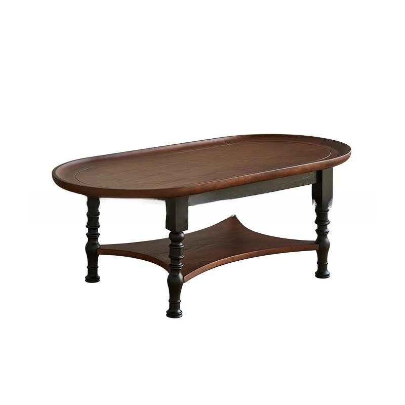 French retro coffee table household oval strip double-layer tea table solid wood two-color antique living room small apartment