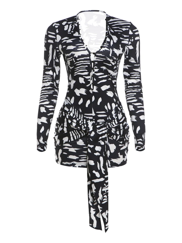 Weird Puss Chic Air Print Kleid Damen Herbst Schleifen-Patchwork Tiefer V-Ausschnitt Lange Ärmel Coquette Mitternachtsparty Pfirsich Hüftbetonter Schnitt – Detail 2