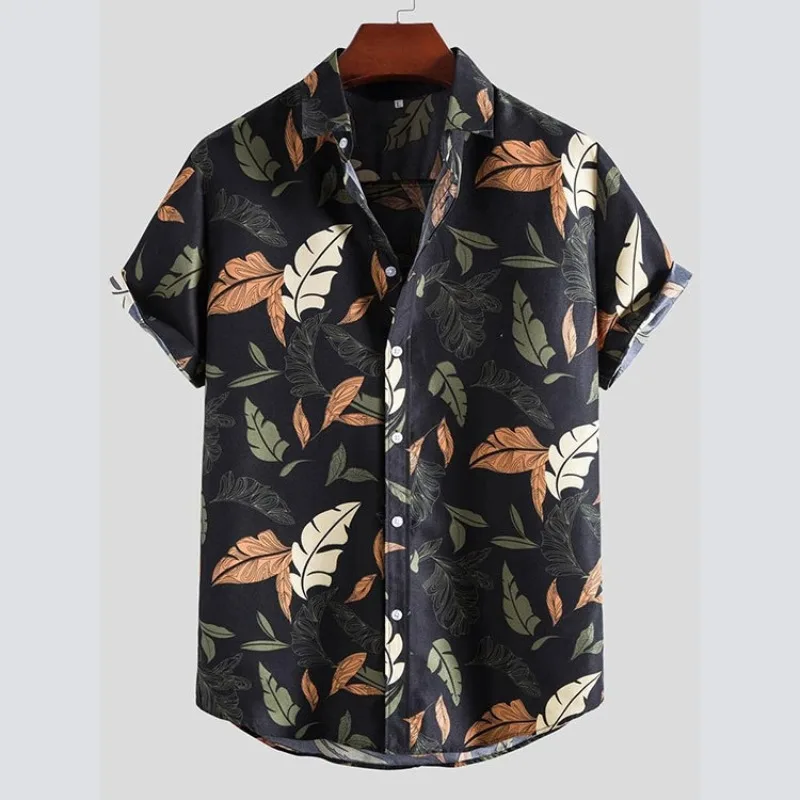 

Summer New Short-sleeved Shirt Men's Black Lapel Leaf Print Casual Shirt