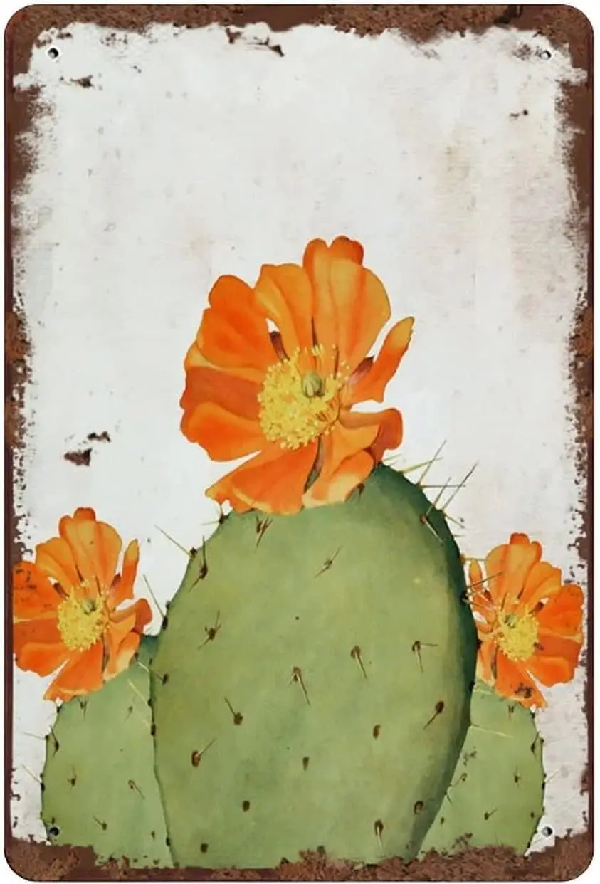 Vintage Tin Sign Prickly Pear Cactus Metal Poster Home Decor Flower Art Sign Succulent Wall Decor Southwestern Botanical Art for