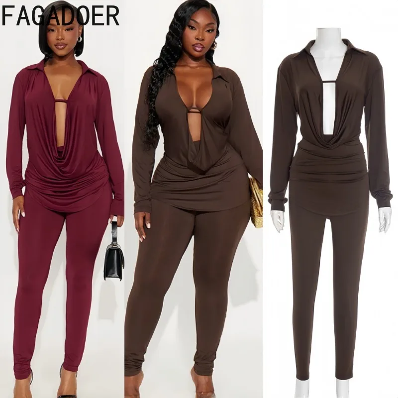 

FAGADOER сексуальный лоскутный женский комплект из 2 предметов с рюшами, однотонный укороченный топ с глубоким v-образным вырезом и длинными рукавами, брюки, женская уличная одежда