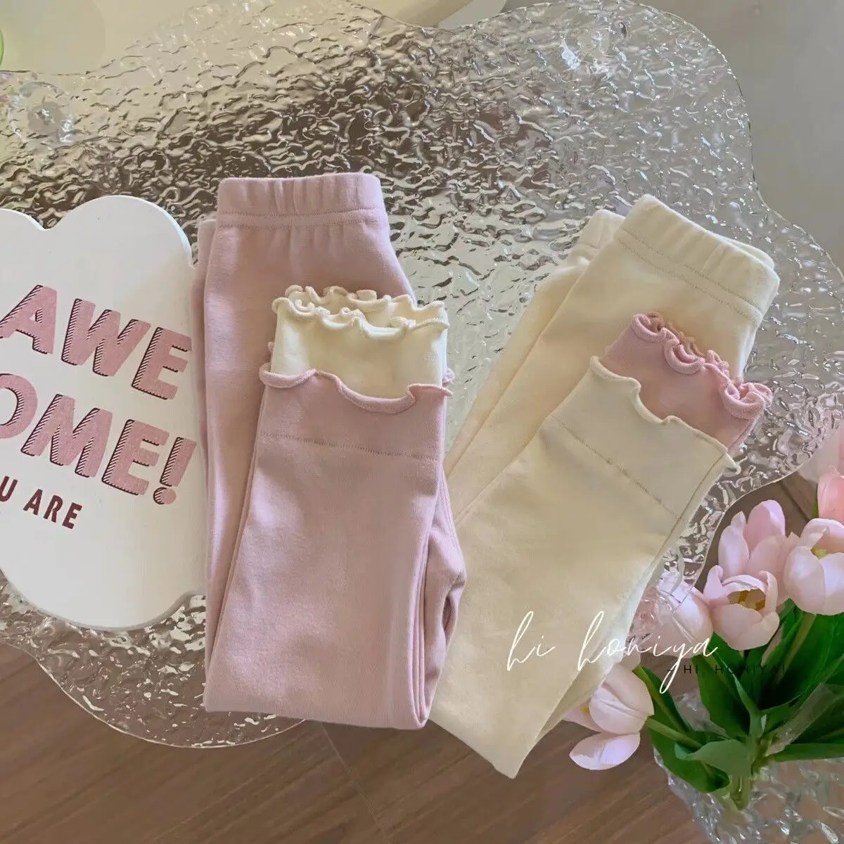 

Baby Girl Legging Spring and Autumn Children's Double layer Ear Edge Outer Nine piece Pants