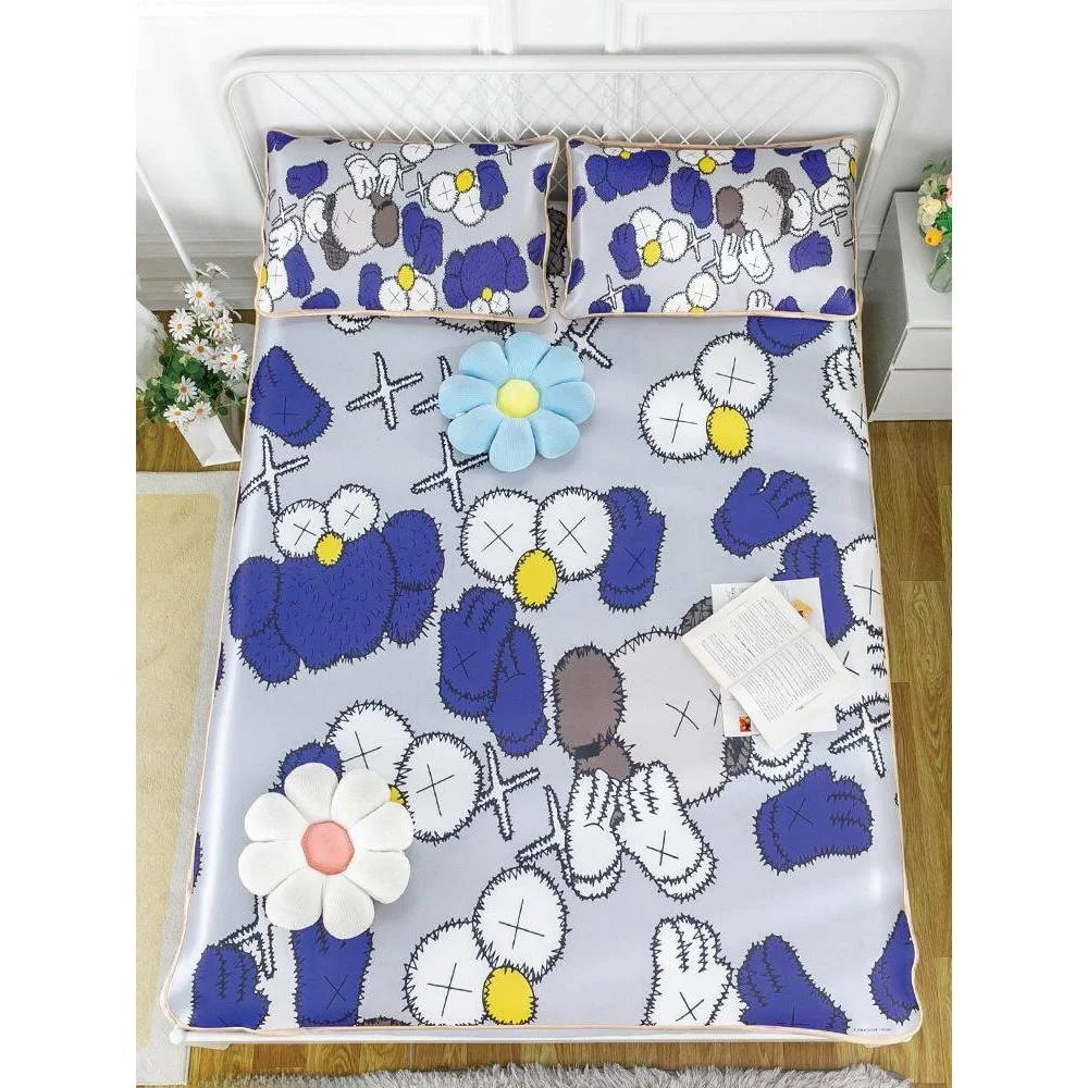 Conjunto de Três Peças de Colchão Refrescante de Seda Gelada de Verão, Cobertura de Edredom para Estudantes com Efeito de Ar Condicionado e Padrão de Desenho Animado