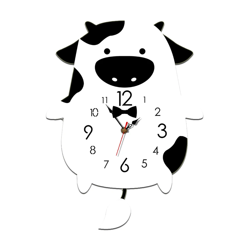 Silent Cartoon Cow Shape Wall for Kids Decorative Hanging Clock Acrylic Animal Pendulum Clock No Ticking Sound Ideal Gift