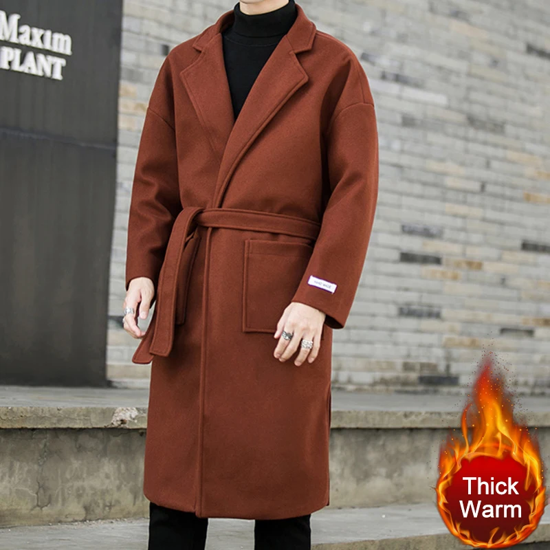 Fashion Winter Thicken Jacket Men Classic Fashion Trench Coats Black Caramel Men Belt Long Trench Slim Fit Overcoat Men Coats