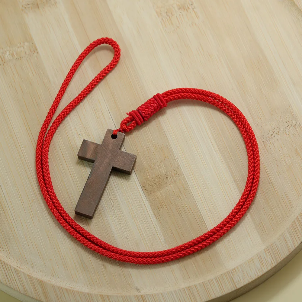 Wooden Cross Pendant Necklace 25Inches Red Braided Rope Chain Adjustable Religious Christian Amulet Neck Jewelry Men Prayer Gift