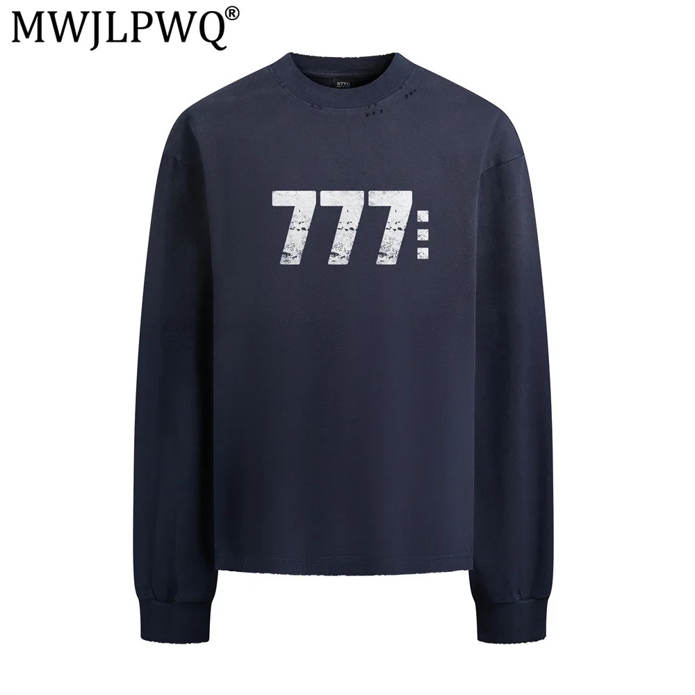 MWJLPWQ Digital Print Long-Sleeve T-Shirt Casual Round-Neck Top Spring Autumn Men's Distressed Worn-Out Edges Trousers 21273