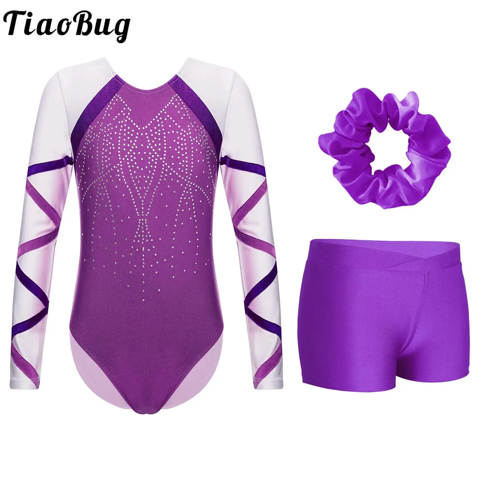 Girls Gymnastics Outfits Kids Leotards Shiny Rhinestones Long Sleeve Bodysuit with Tumbling Shorts Bottoms Set Ballet Dance Wear