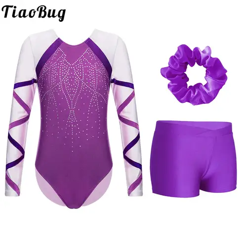 Trajes de gimnasia para niñas, leotardos para niños, mono de manga larga con diamantes de imitación brillantes y pantalones cortos, conjunto de ropa de baile de Ballet