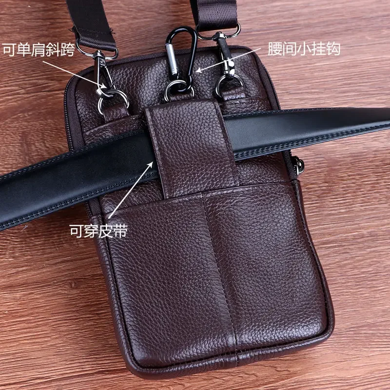 Mens Shoulder Bag Cell Phone Crossbody Purse Phone Holster Case Genuine Leather Belt Waist Bags Pouch Small Messenger Slim Bag