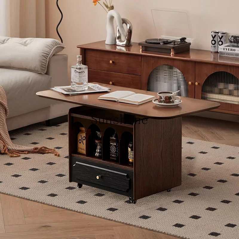 

American simple coffee table mobile side table solid wood multi-function adjustable lifting sofa storage table