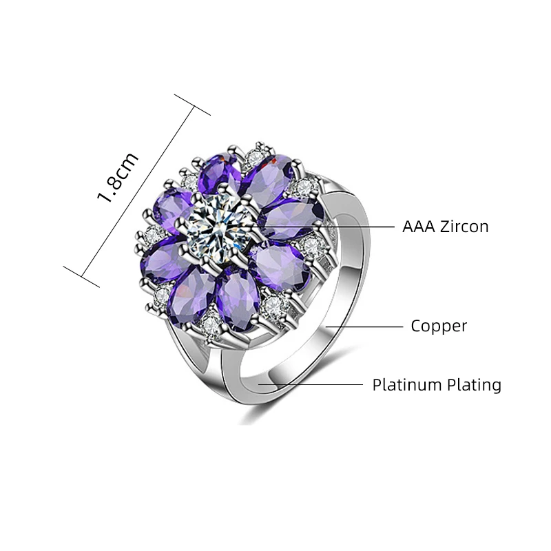 New Fashion Simple Rings For Women Purple Zircon Flower Shape Lady Ring Wedding Party Finger Jewelry Gift Female Engagement Ring