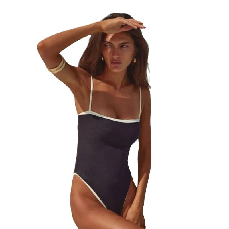 Women Contrast Piping One Piece Swimsuit Square Neck Thin Spaghetti Straps High Cut Leg Bodycon Bathing Suit