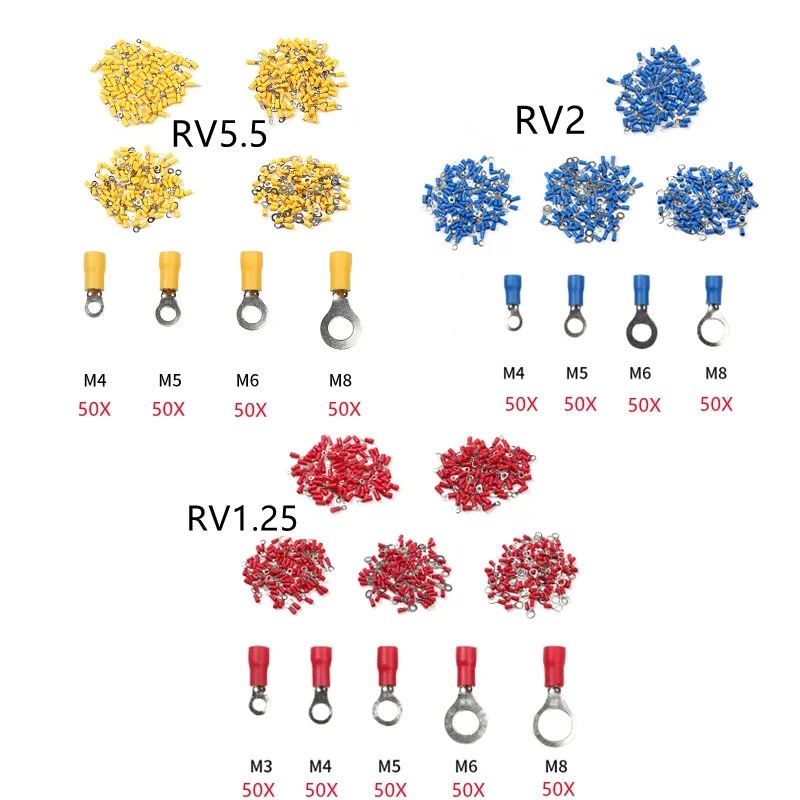 650Pcs Insulated Red&Blue&Yellow Ring Terminals Wire Cable Electrical Crimp Connectors 22-10 AWG Kit M4/M5/M6/M8