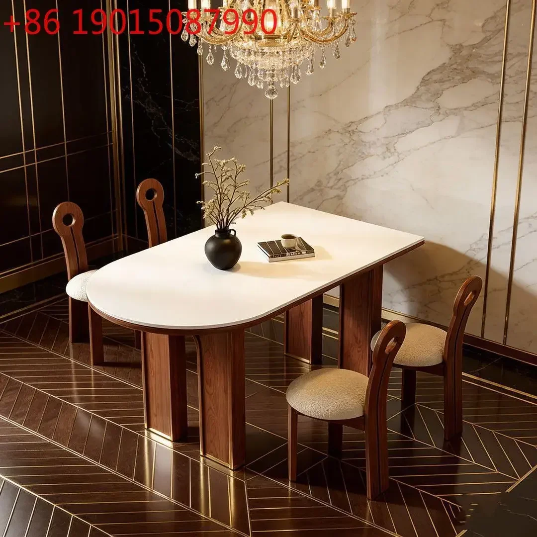 French retro rock slab dining table high-end dining table rock slab creative semi-oval island dining table and chairs