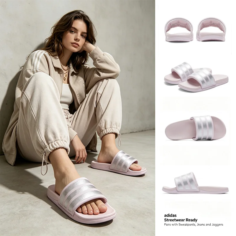 Adidas Women Adilette Cloudfoam Slide Sandals Metallic Silver 3 Stripes Soft Cushion Waterproof Non Slip Summer Slippers JP9122