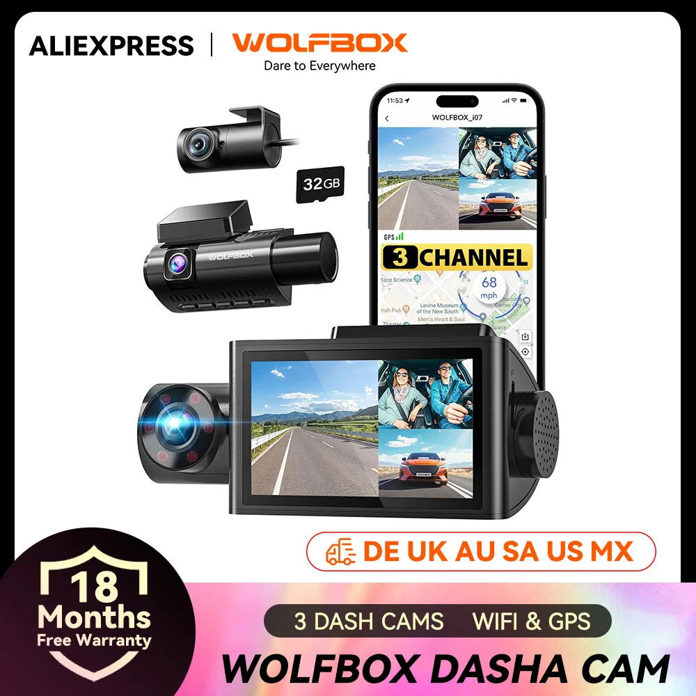 WOLFBOX I07 Dash Cam Telecamera da cruscotto a 3 canali per auto Telecamera da cruscotto 4K anteriore e posteriore con GPS WiFi Dvr per auto per 170