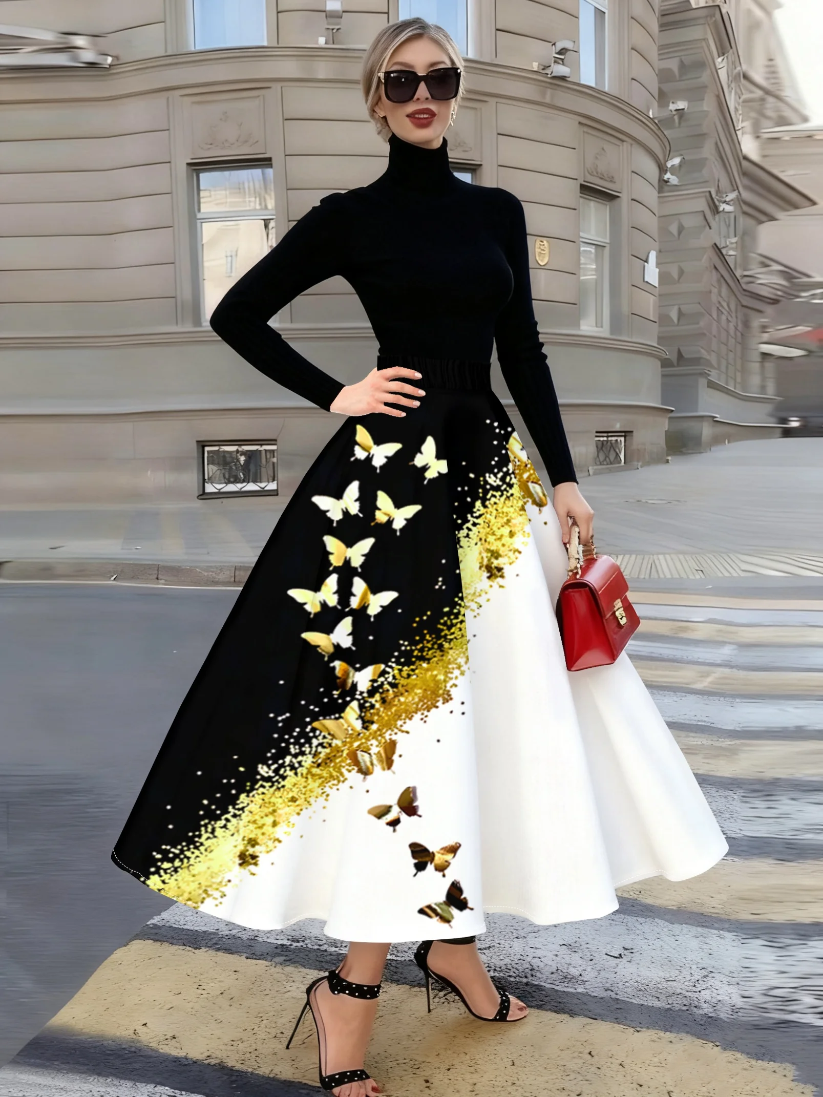 Women High Waist Maxi Skirt Black White Gold Butterfly Glitter Print A‑Line Swing Long Skirt ElegantParty Evening Holiday Casual