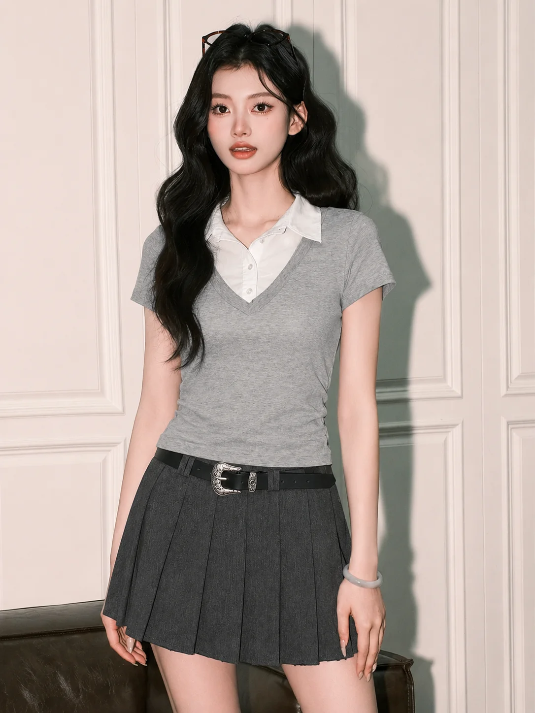 Y2K Daily Harajuku Korean College Style 2 Piece Suit Women Retro Plaid Blouse High Waist Pleated Skirt Autumn Outfits