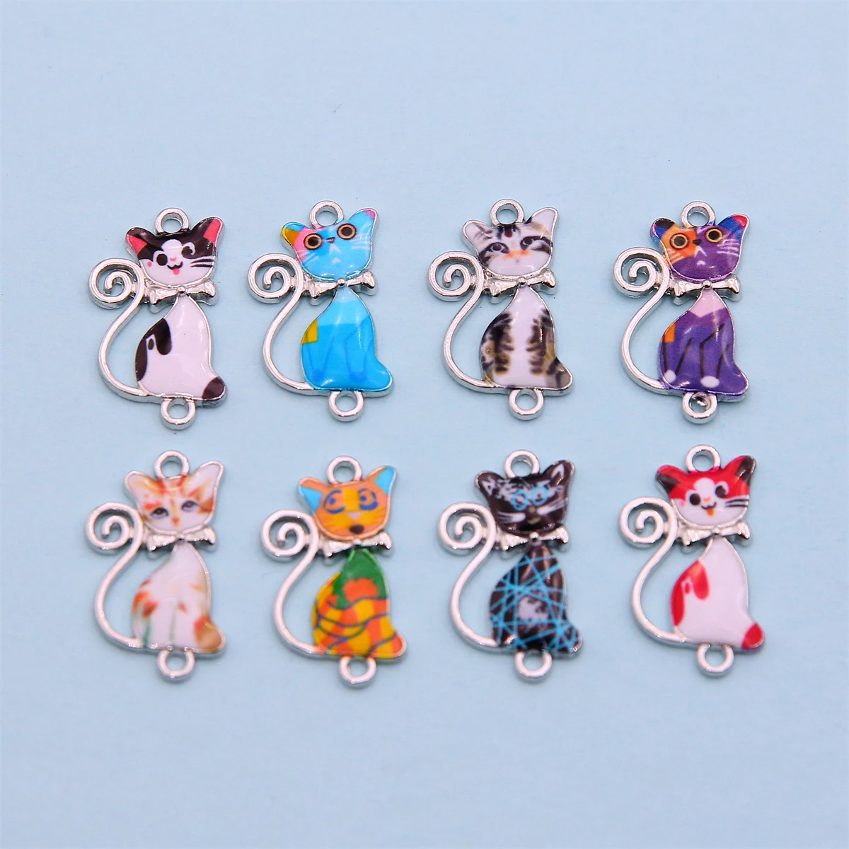 10pcs 25*15mm Mixed Color Cute Printed Cat Jewelry Alloy Connector DIY Cat Tag Earrings Pendant Enamel Pendant