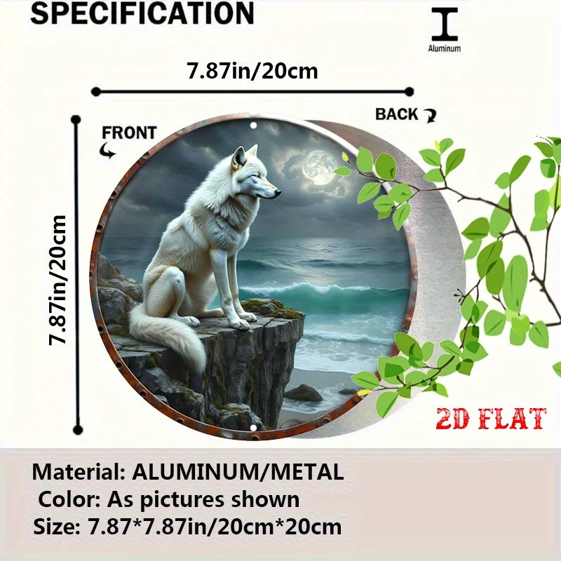 2D Flat - Aluminum Featuring a Majestic Wolf, a Round Design Depicting a Moonlit Night, Wall Art Embodies Signage for Homes