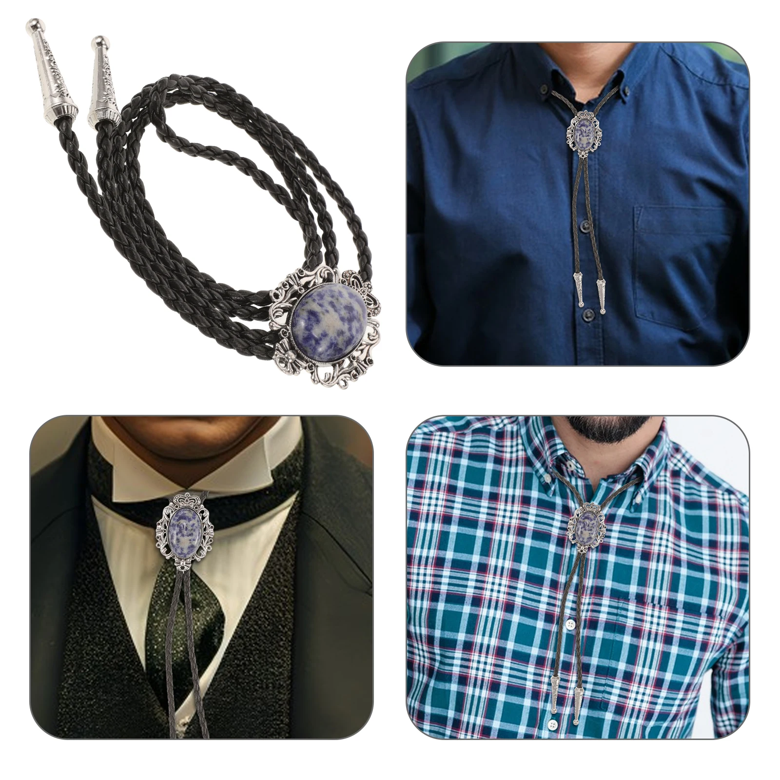 

Bolo Tie for Men Turquoise Pendant Western Necklace Adjustable PU Rope Mens Vintage Accessories Green Stone Necktie