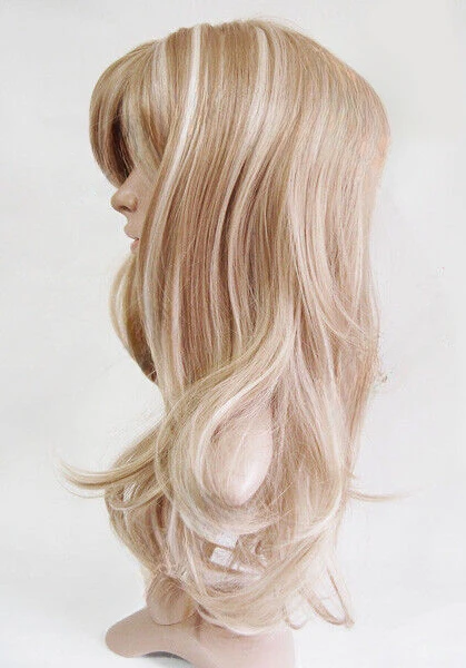 Honey Blonde Highlight Long Wavy Ladies Synthetic Skin Top Wigs