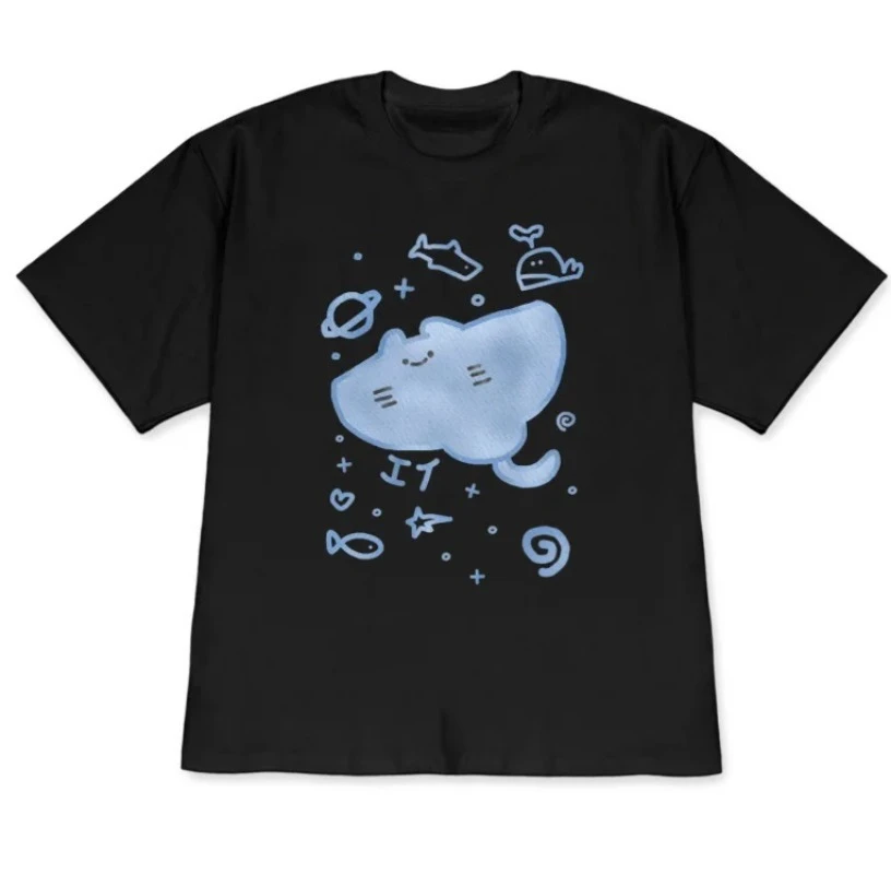 Kawaii T-Shirt Tops Cute Ray Printed Tee Simple Aesthetic Cartoon Short Sleeve Women Tee Girls Korean Style Versatile Daily Tops