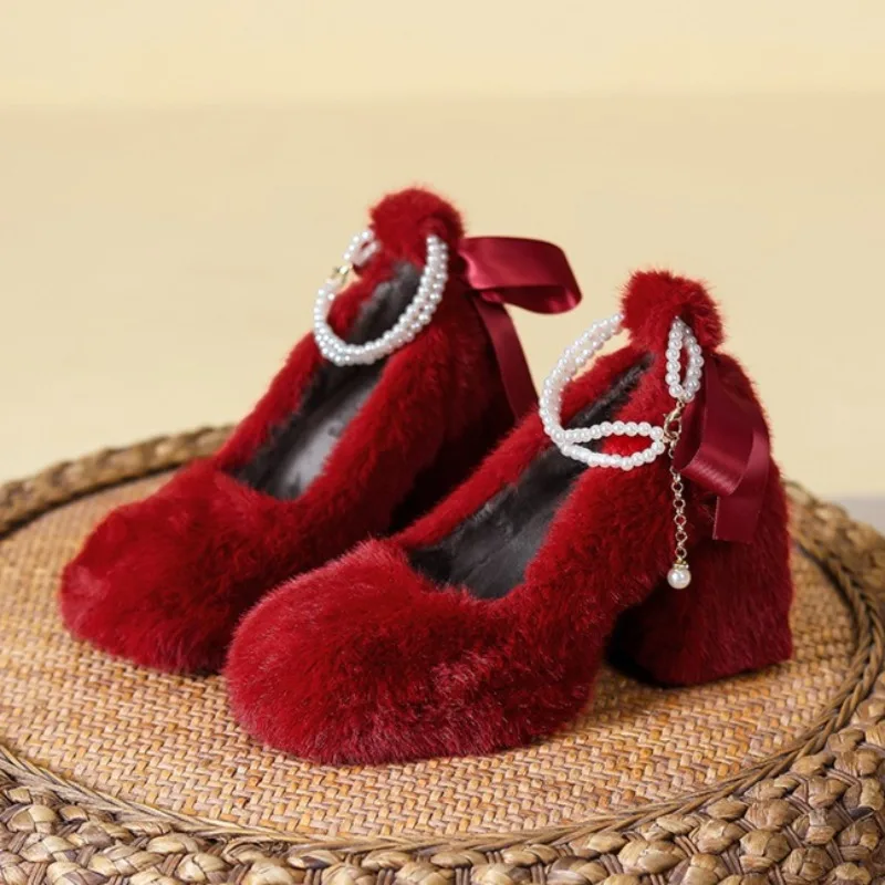 

Новые женские туфли Мэри Джейн в милом стиле, плюшевые туфли на высоком каблуке для женщин, модные повседневные туфли с круглым носком, дизайнерская обувь, Zapatos Mujer