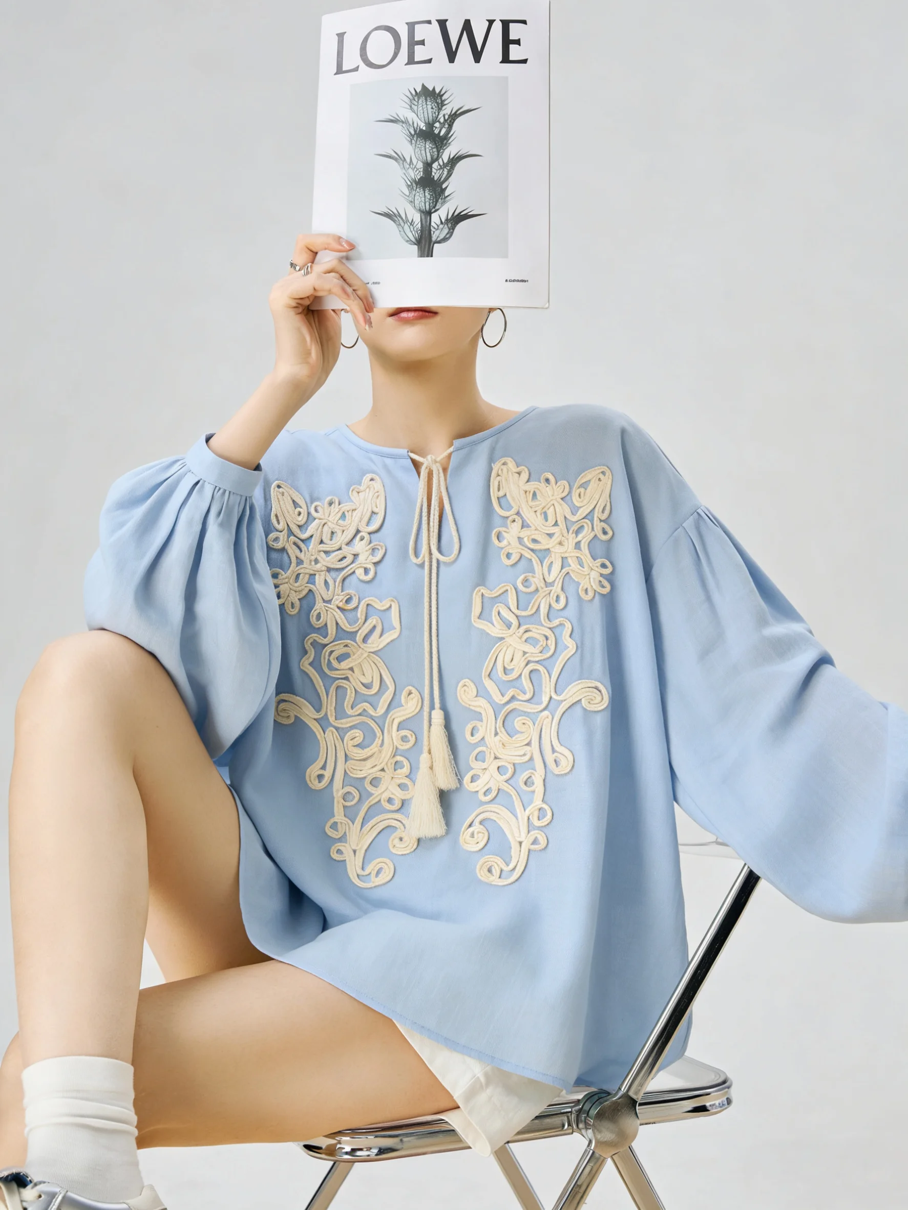 

Blue Heavyweight Luxury Hook Flower Embroidery Linen irt Spring Collection Women's Sle Casual Loose Fit Long Sve Top