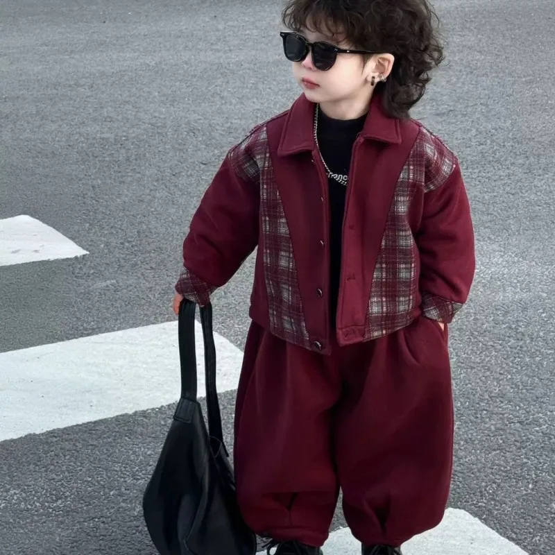 

Boys' Winter Cotton Thickened Set 2025 Children's Velvet Korean Version of The New Plaid Baby Two-piece Set Tide